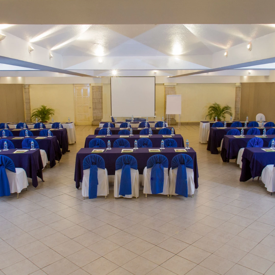 Sala de conferencias con sillas y mesas cubiertas de azul, frente a una pantalla de proyecci&oacute;n y pizarras.