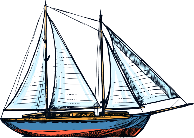 Dessin repr&eacute;sentant un voilier &agrave; la coque bleue et rouge, avec des voiles blanches, sur fond blanc.