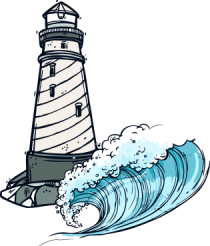 Illustration d'un phare ray&eacute; pr&egrave;s d'une grosse vague d&eacute;ferlante.