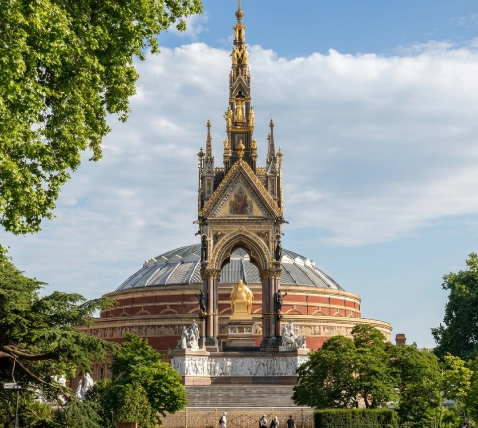 Ornate monument with a dome behind, surrounded by greenery and blue sky.