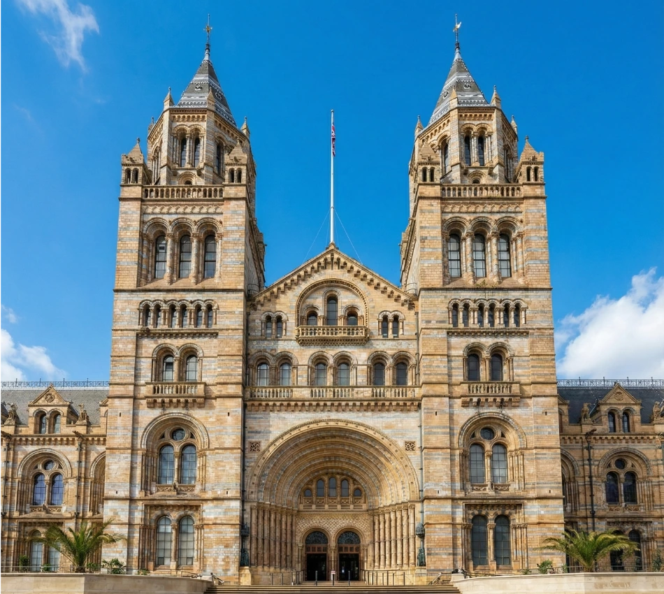 Historic building with twin towers under a blue sky.