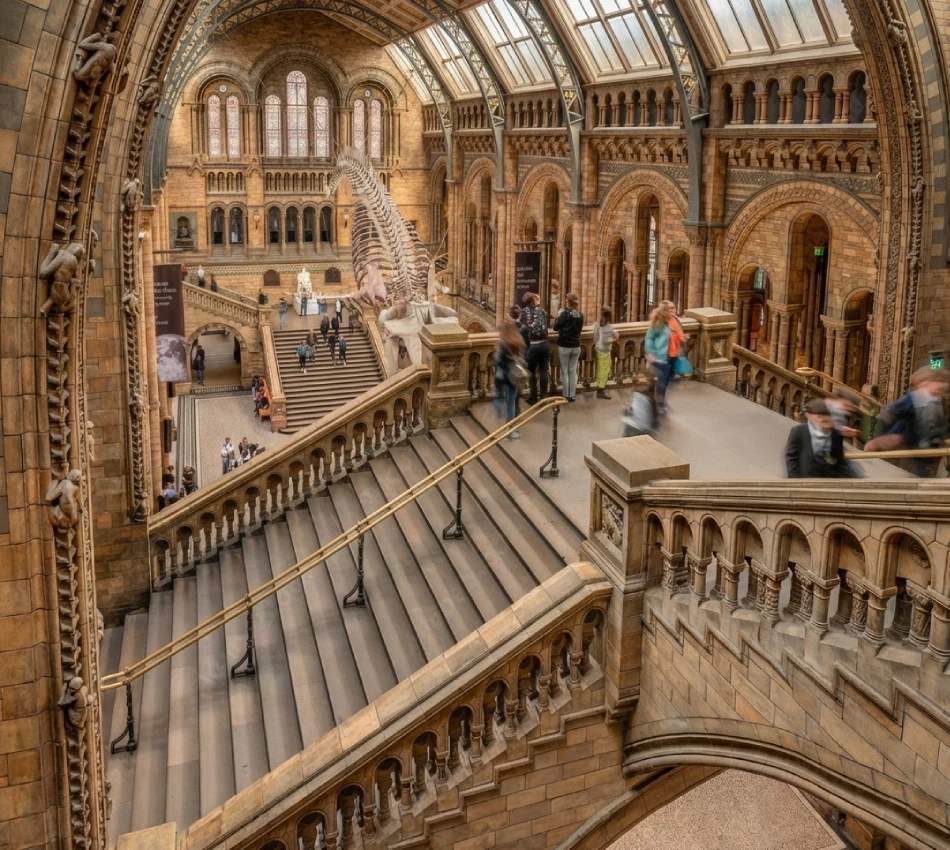 Grand staircase with dinosaur skeleton in a busy museum hall.