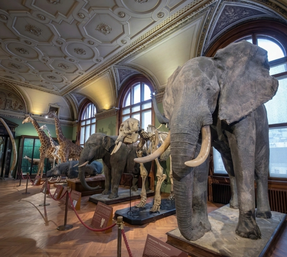 Museum with elephant, giraffe, and skeleton exhibits in a grand hall.