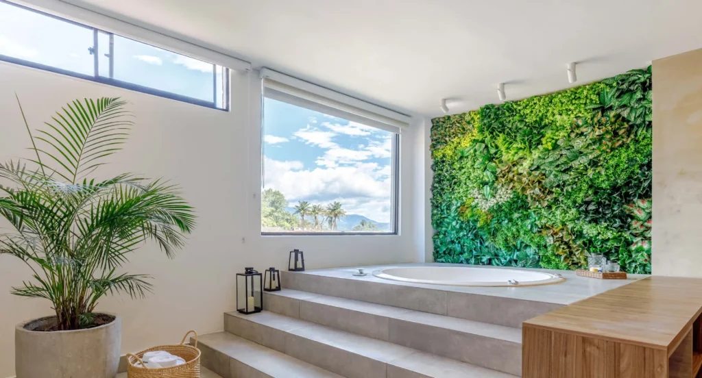 Ba&ntilde;o moderno con jacuzzi, pared verde, ventana grande y planta en maceta.