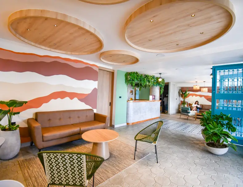 Sala moderna con sof&aacute; marr&oacute;n, plantas, y techo decorativo circular. Mostrador al fondo.