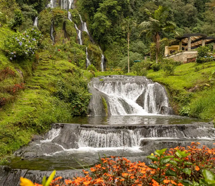 Cascada en un entorno verde con flores y una casa rodeada de vegetaci&oacute;n exuberante.