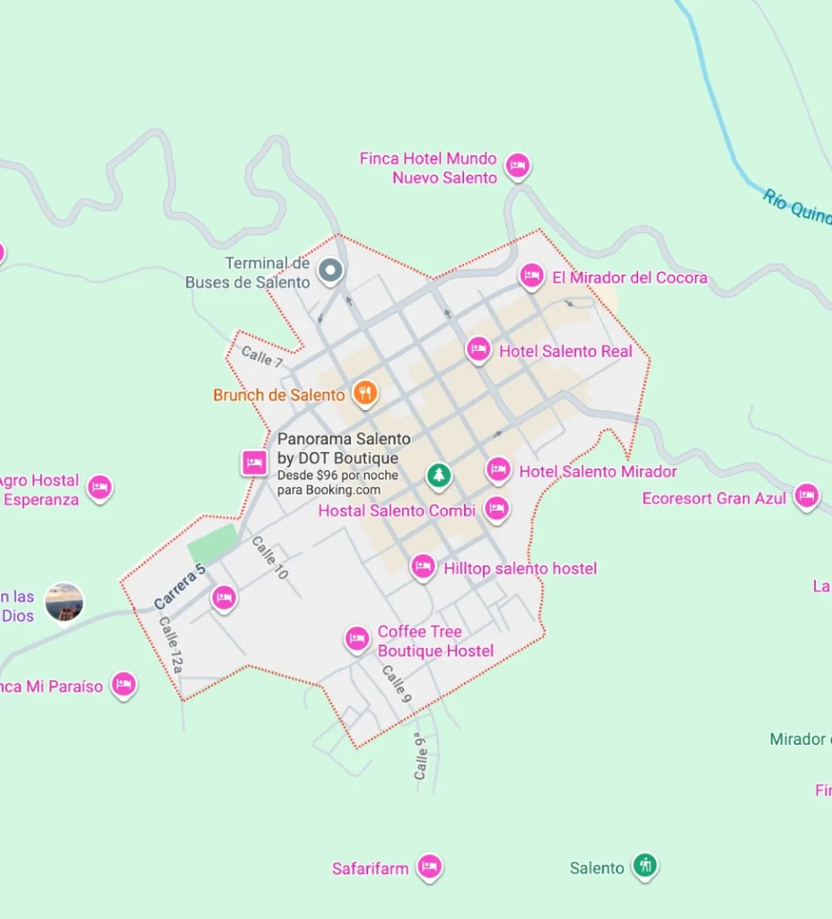 Mapa de Salento mostrando calles, hoteles y puntos de inter&eacute;s tur&iacute;stico cercanos.