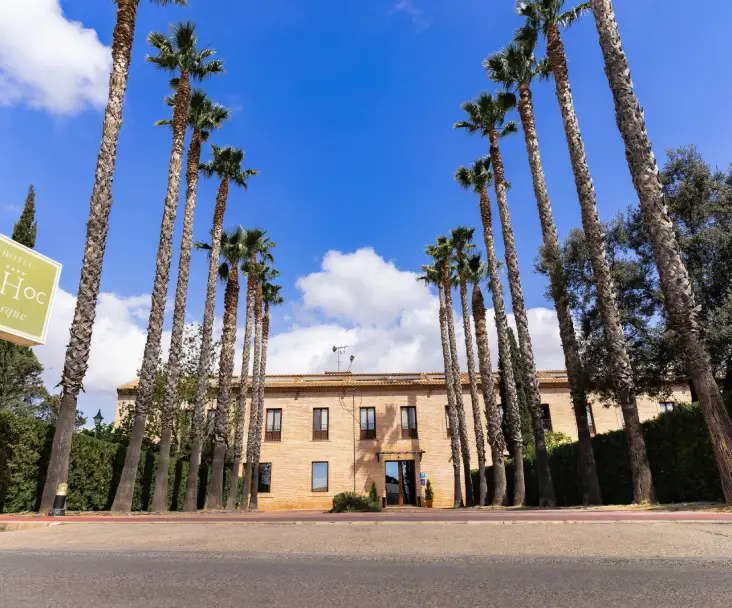 Edificio de ladrillo rodeado de altas palmeras bajo un cielo azul con nubes.