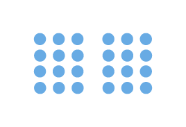 Twelve blue dots arranged in two groups of six, forming a pattern on a white background.