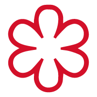 Red line drawing of a six-petal flower.