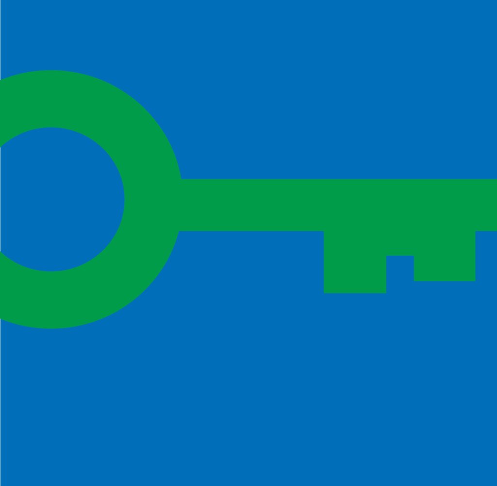 Green key symbol on a blue background.