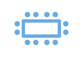 Blue rectangle surrounded by circles, resembling a processor or circuit diagram icon.