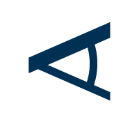 Blue geometric symbol with intersecting lines forming an abstract triangle and curve shape.