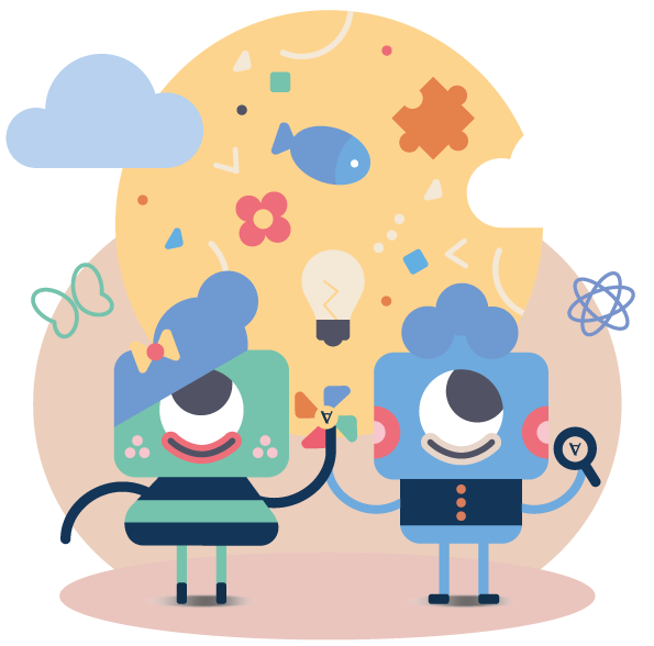 Two colorful cartoon characters holding gadgets, with playful icons and clouds around them.