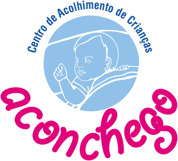 Illustrated baby in blue circle with "Aconchego" and "Centro de Acolhimento de Crian&ccedil;as".