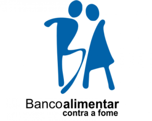 Two abstract figures in blue over text "Banco Alimentar Contra a Fome" in black.