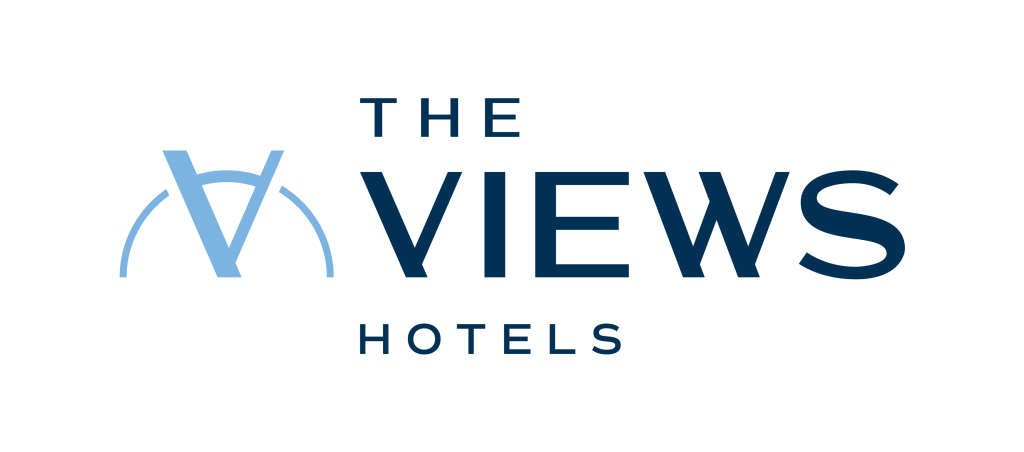 Logo with stylized "V" and text "The Views Hotels" in blue.
