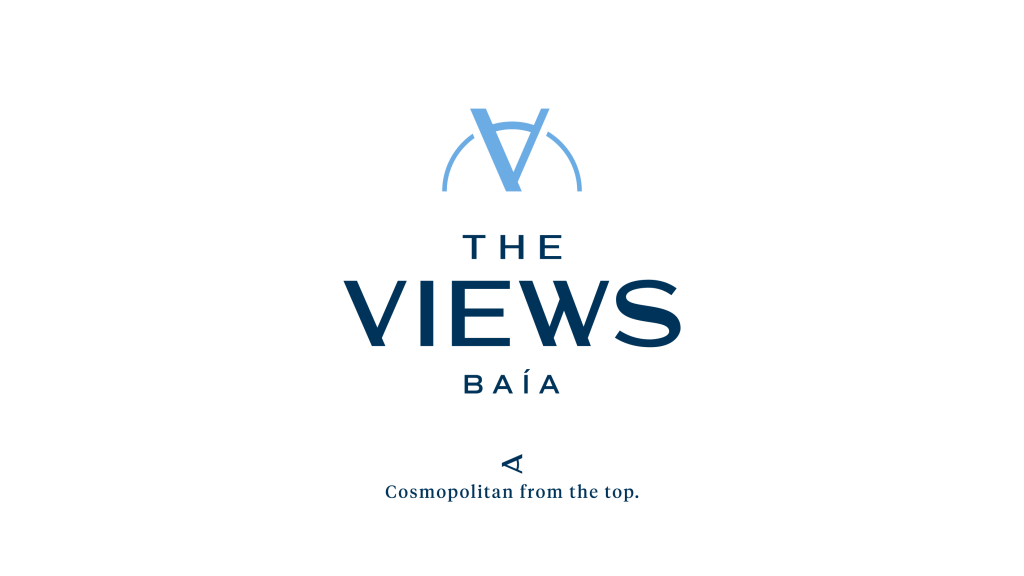 Logo with "The Views Ba&iacute;a" and slogan "Cosmopolitan from the top" on a black background.