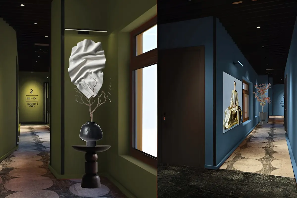 Modern hallway with art, blue and green walls, and decorative lighting.