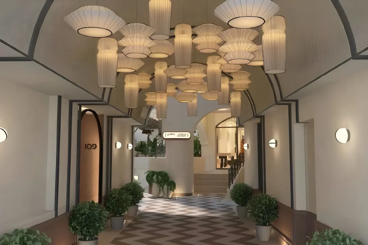 Decorative hallway with plants and stylish ceiling lights.