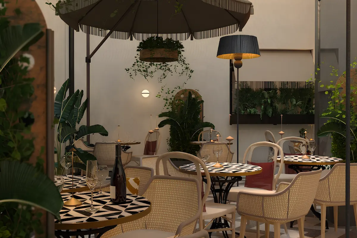 Chic outdoor patio with plants, tables, and elegant lighting.