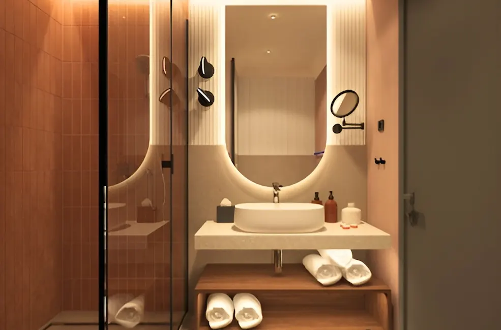Modern bathroom with round mirror, sink, and neatly stacked towels.