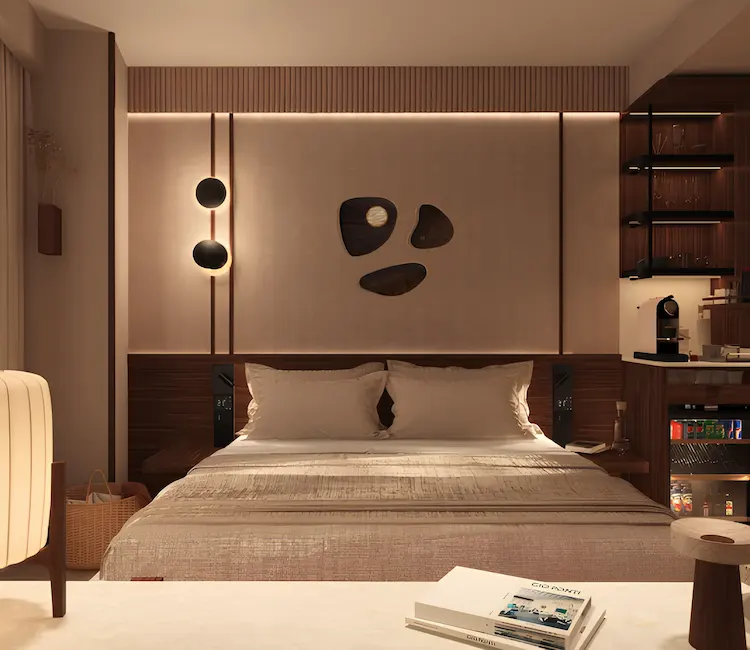 Modern bedroom with double bed, wall art, and a cozy, minimalist design.