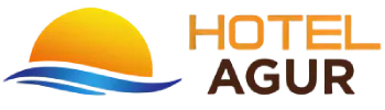Logo de Hotel Agur con sol y l&iacute;nea azul representando el mar.