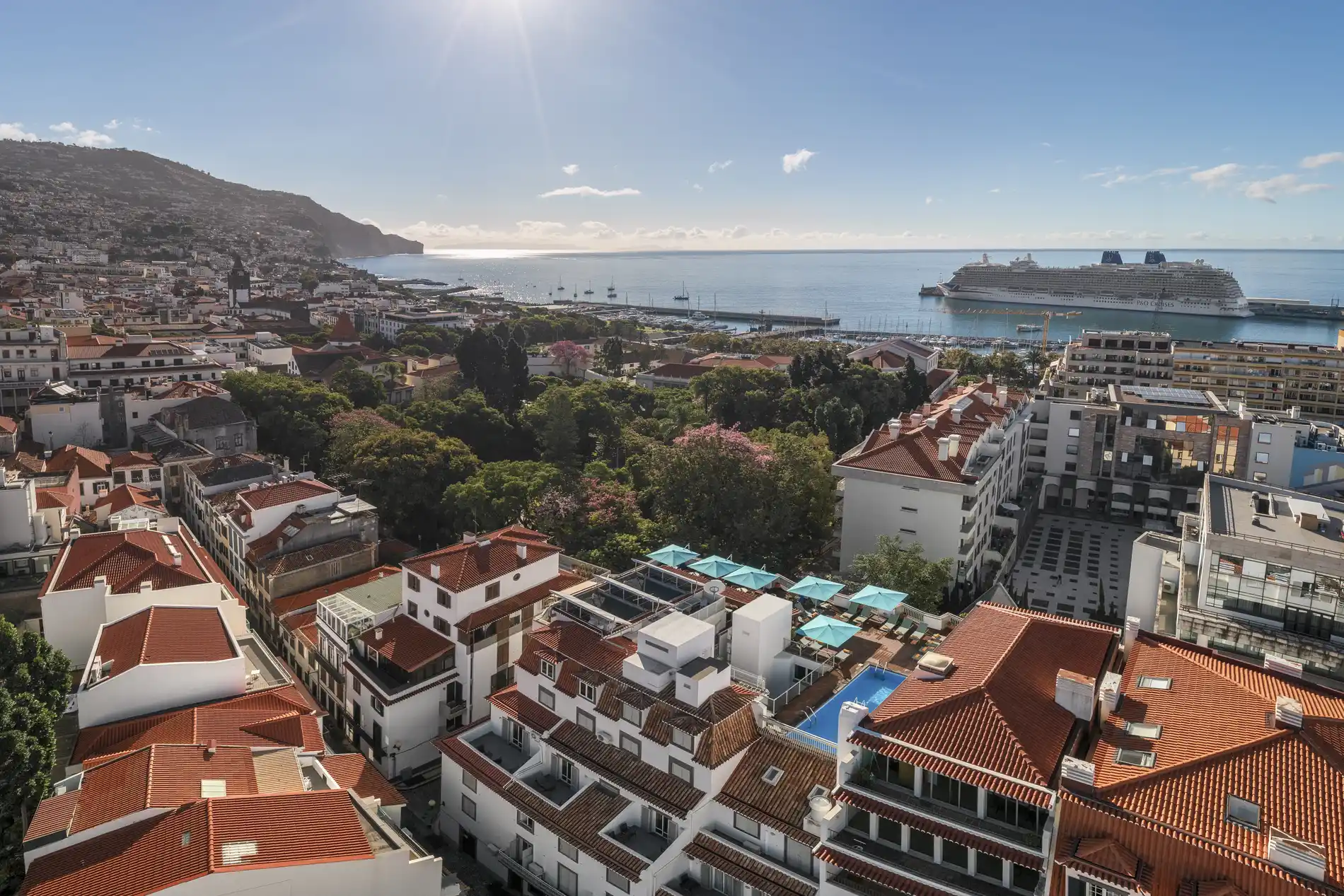 Coastal cityscape with red rooftops and a cruise ship in the harbor.