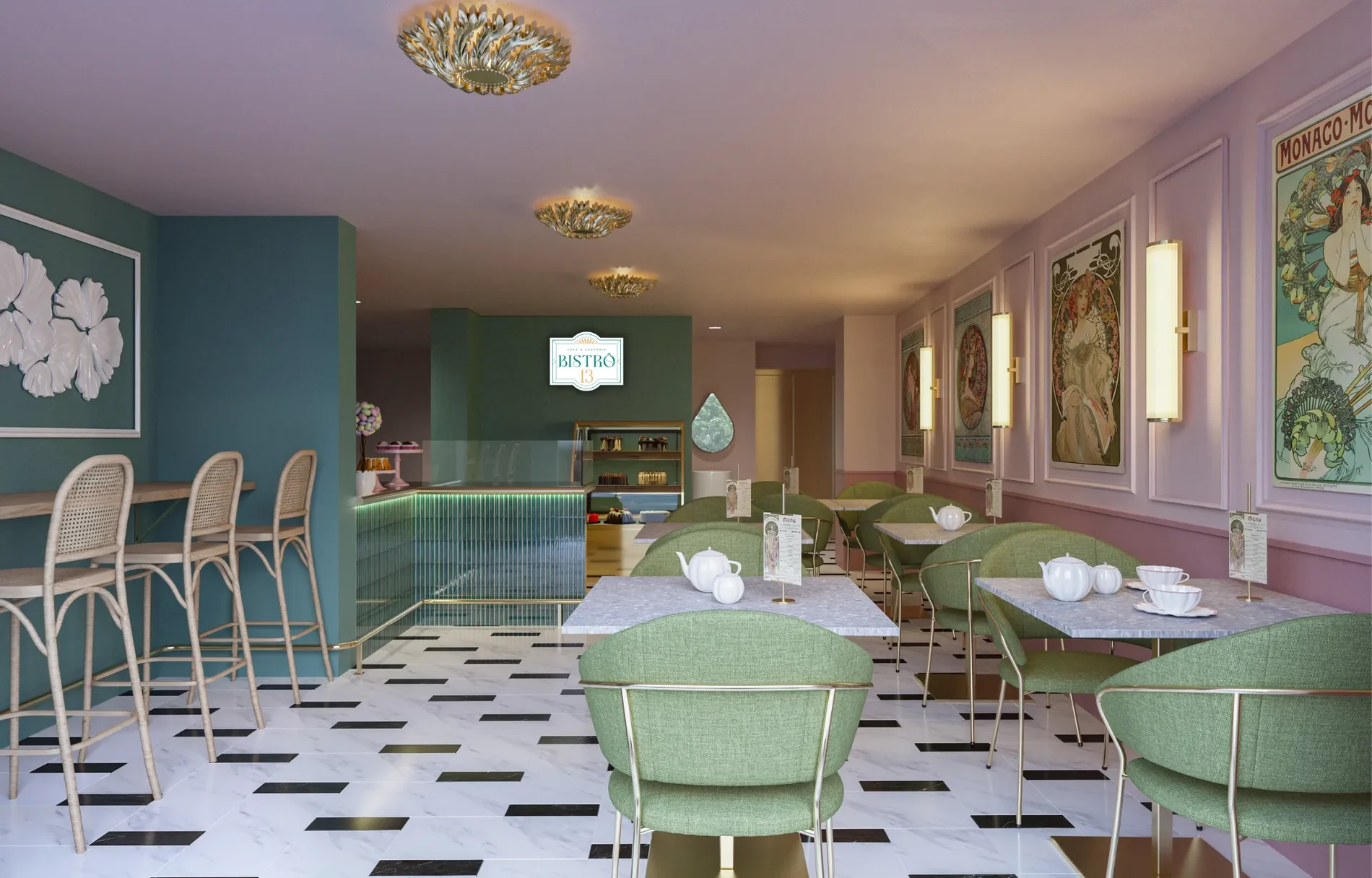 Stylish caf&eacute; with green chairs, patterned floor, and wall art.