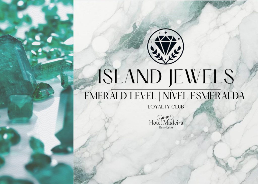 Emeralds with "Island Jewels" text and Hotel Madeira logo on marble background.