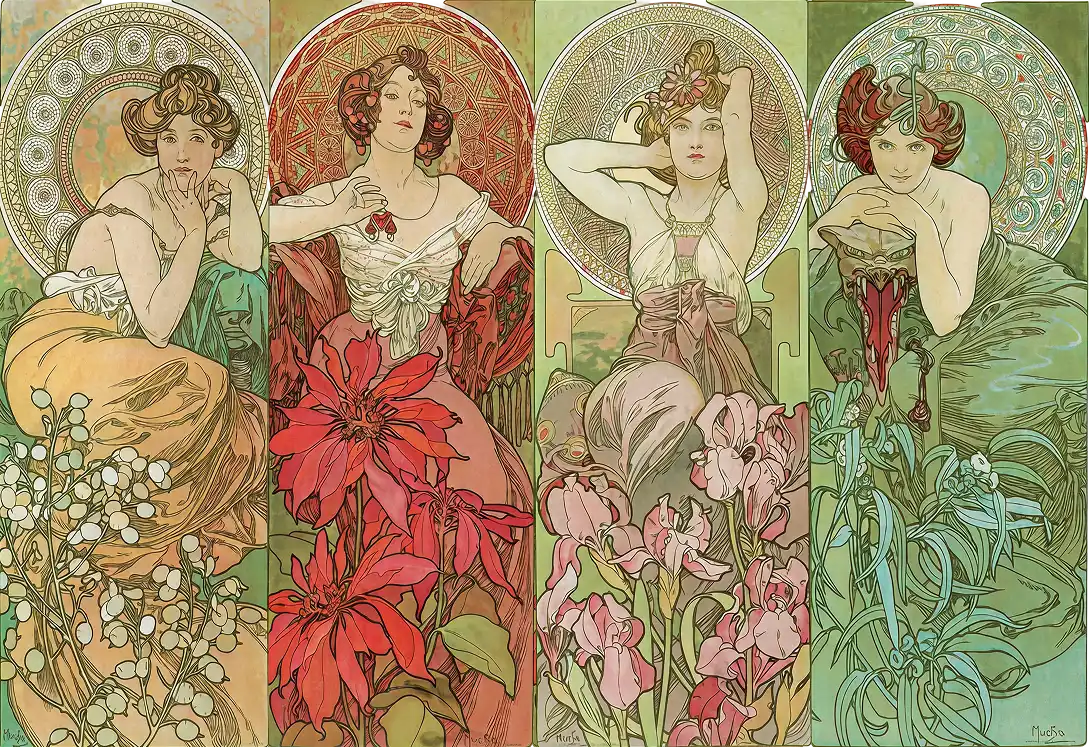 Four women in decorative art nouveau style, each with flowers and intricate backgrounds.