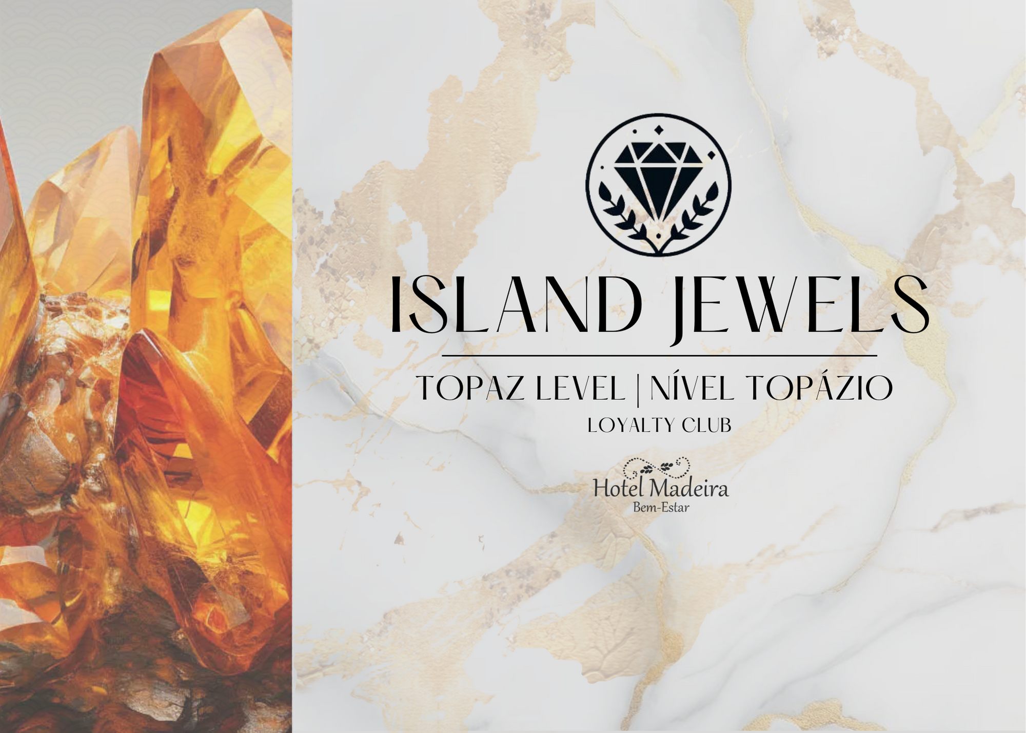 Orange crystals with "ISLAND JEWELS TOPAZ LEVEL" text on marble background.
