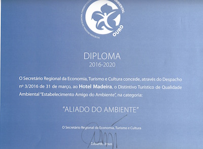 Diploma awarded to Hotel Madeira for environmental quality, 2016-2020.