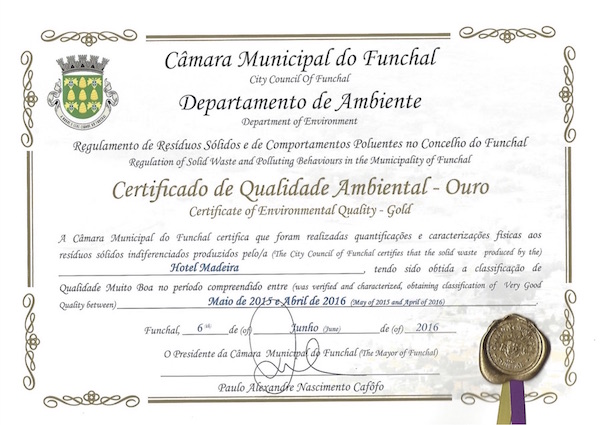 Certificate of Environmental Quality - Gold from Câmara Municipal do Funchal.