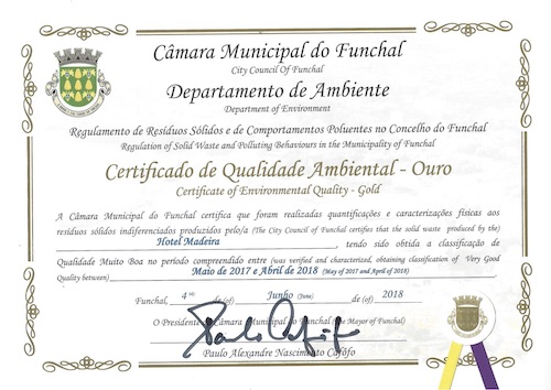 Certificate of Environmental Quality - Gold awarded to a hotel in Madeira.
