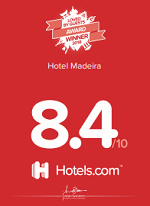 Red Hotels.com award poster for Hotel Madeira with 8.4/10 rating.