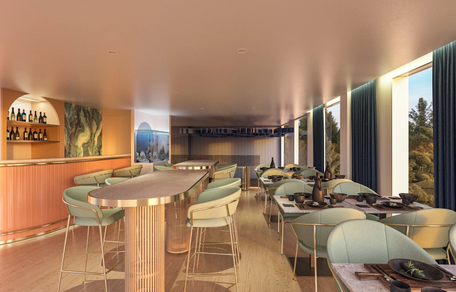 Modern restaurant with bar, tables, and teal chairs by large windows.