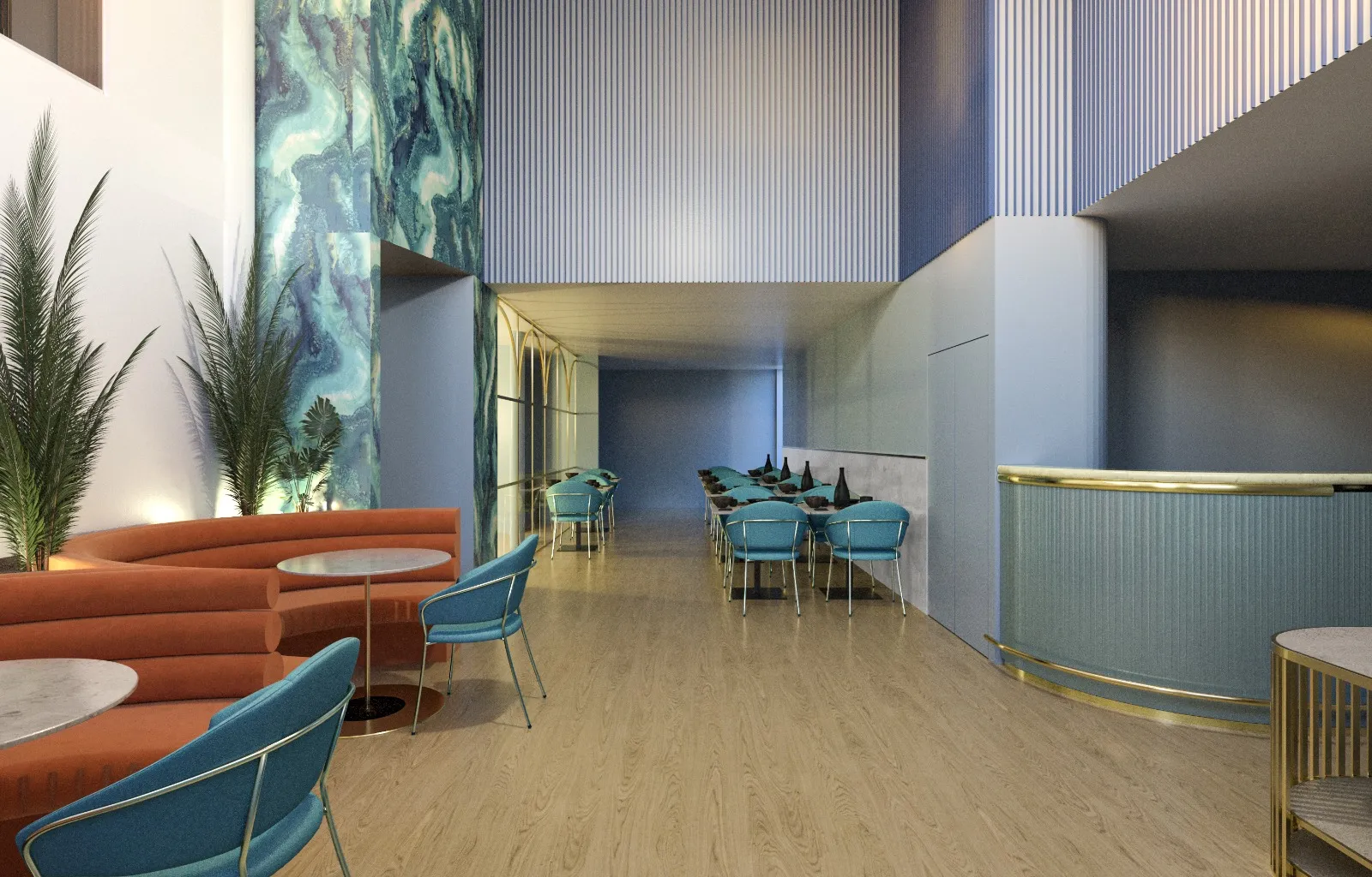 Modern restaurant with blue chairs, orange sofas, and decorative wall panels.