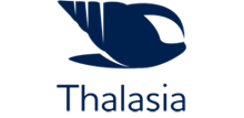 Logotipo azul con una mano y texto "Thalasia".