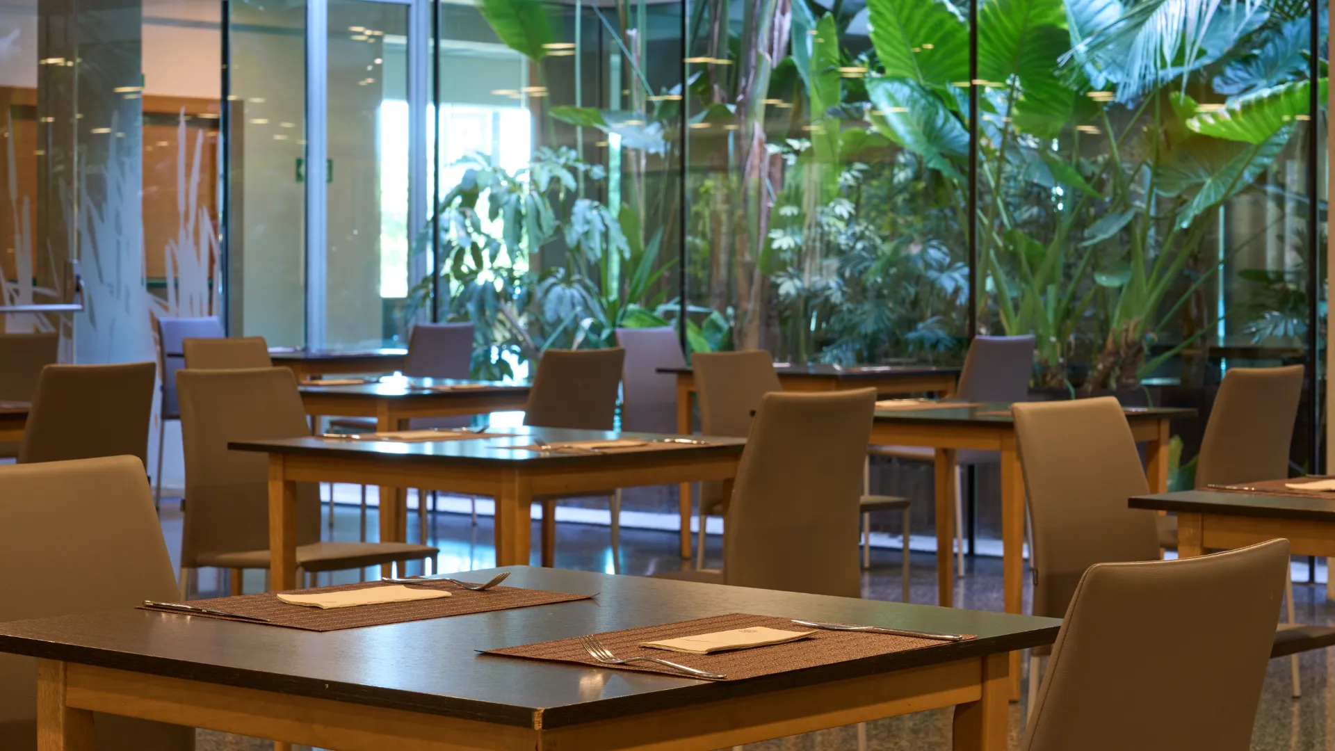 Restaurante elegante vac&iacute;o con plantas grandes y ventanas.