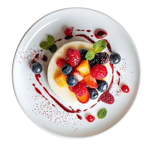 Plato de postre con mousse y frutas variadas sobre sirope rojo.
