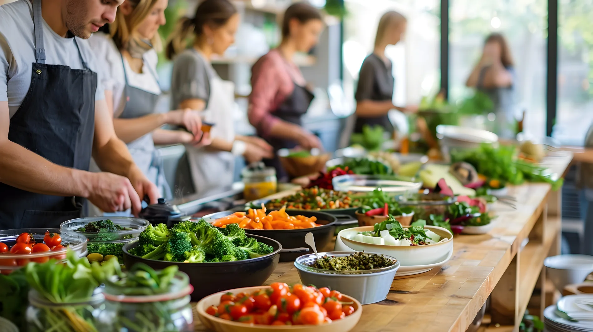 Pessoas cozinhando juntas com variedade de vegetais em uma cozinha comunit&aacute;ria iluminada.