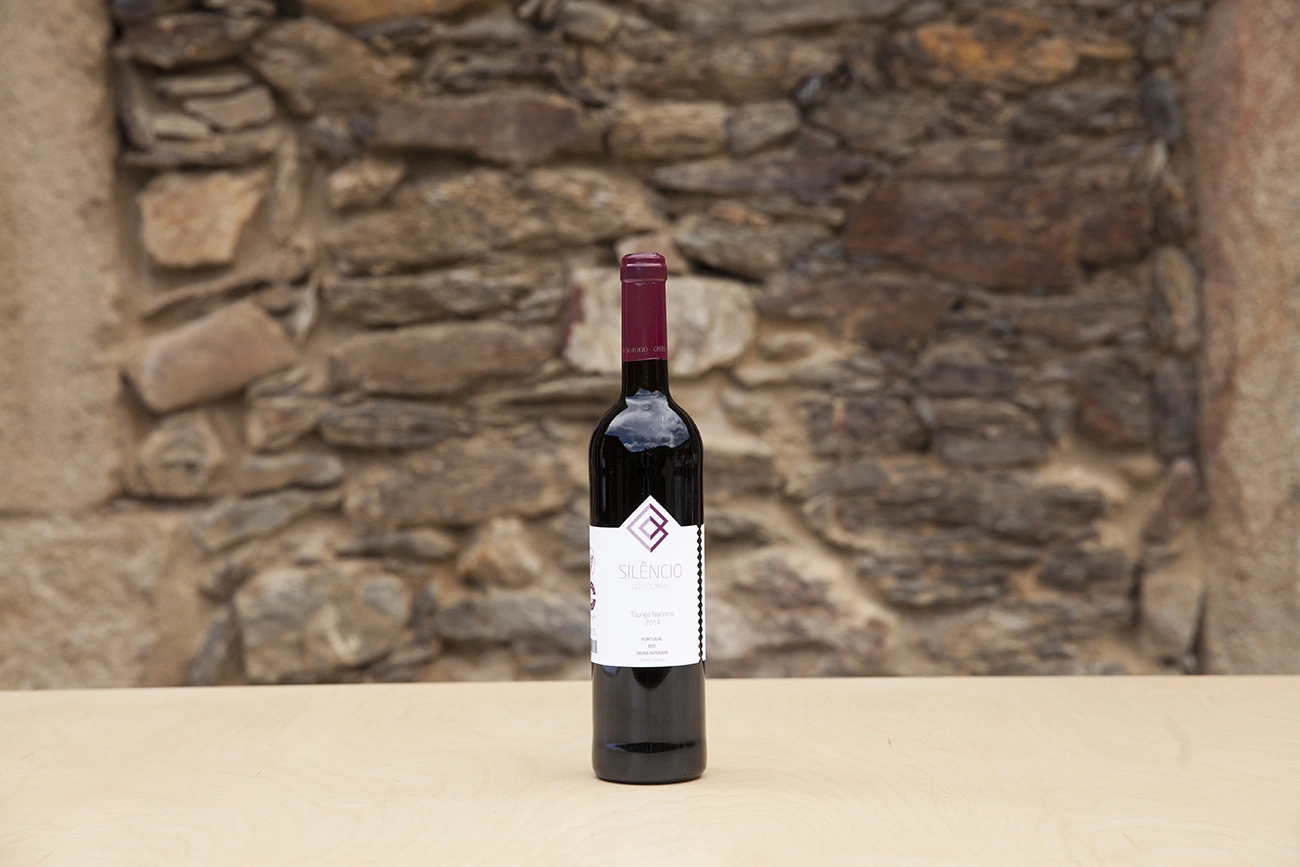 Garrafa de vinho tinto sobre uma mesa, com fundo de parede de pedra.