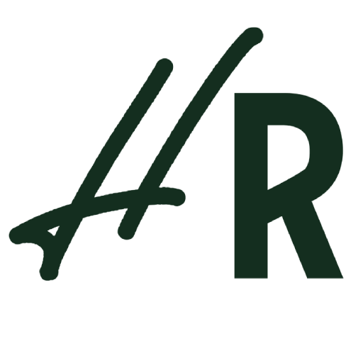 Logo con las letras estilizadas "H" y "R" en color verde oscuro.