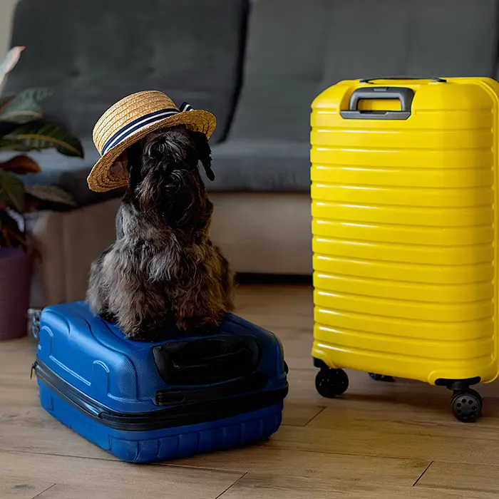 Perro con sombrero sobre maleta azul junto a maleta amarilla.