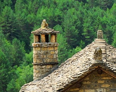 Tejado de piedra con chimenea y bosque verde de fondo.