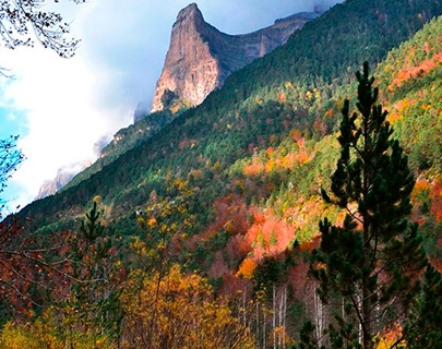 Paisaje monta&ntilde;oso con &aacute;rboles coloridos en oto&ntilde;o bajo un cielo parcialmente nublado.