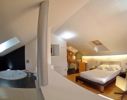 Habitaci&oacute;n moderna con cama, jacuzzi y claraboyas.