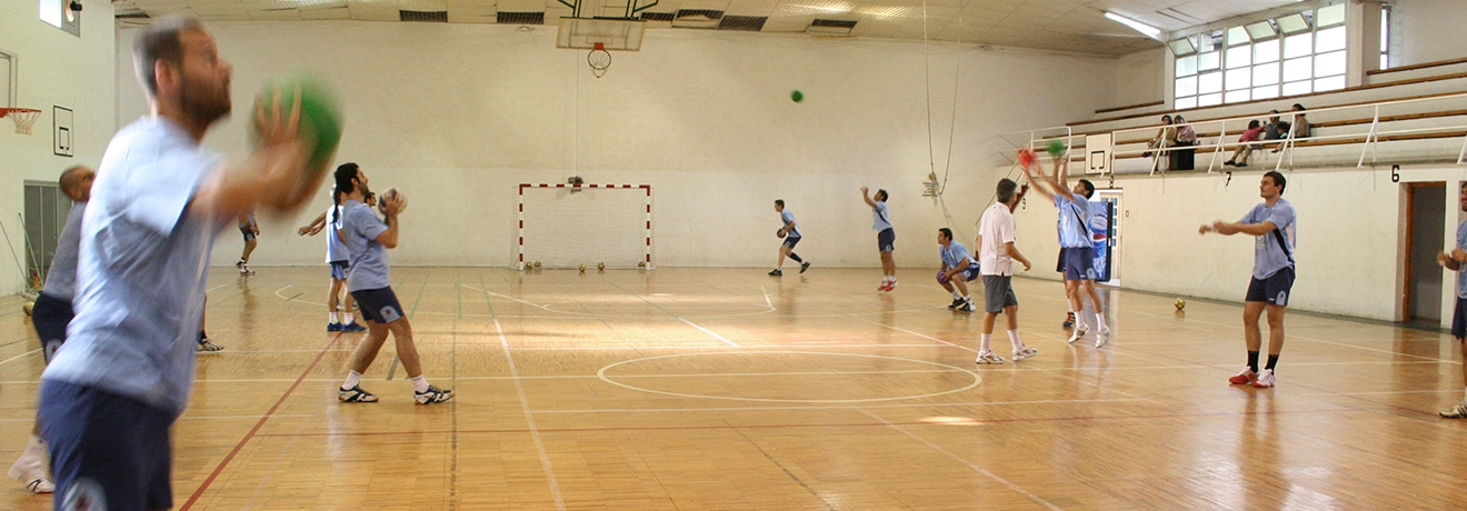 Personas jugando balonmano en un gimnasio techado.